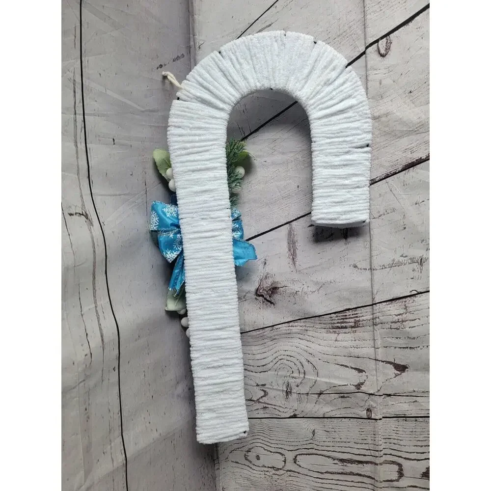 Blue Snowflake Candycane Wreath Handmade With Green Embelishment READ